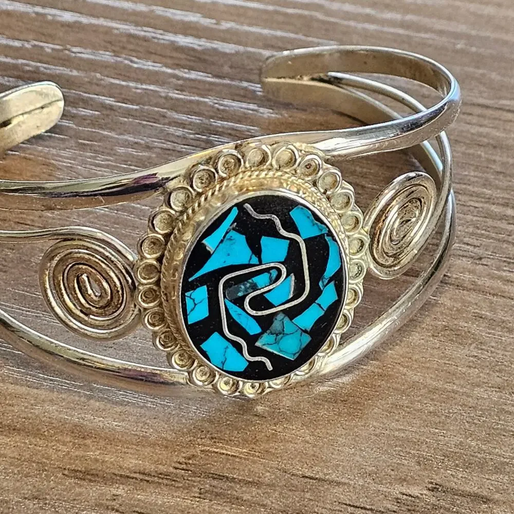 Vintage Alpaca Silver & Turquoise Inlay Swirling Cuff Bracelet from Mexico